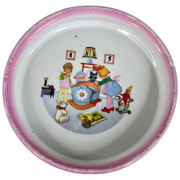 Vintage Childs Bowl Ceramic Baby Porridge Made Germany Dish 7.25” Porcelain Pink - Picture 1 of 12